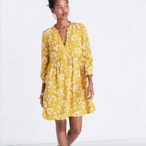 Madewell 100% Silk Boho Assam Floral Lace Up 3/4 Sleeve Dress
